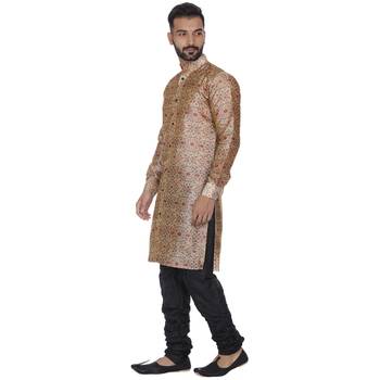 Beige Printed Brocade Silk Kurta Pajama 2