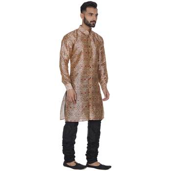 Beige Printed Brocade Silk Kurta Pajama 3