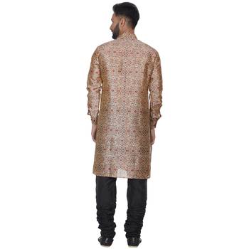 Beige Printed Brocade Silk Kurta Pajama 4