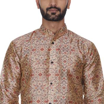 Beige Printed Brocade Silk Kurta Pajama 5