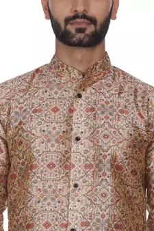 Beige Printed Brocade Silk Kurta Pajama