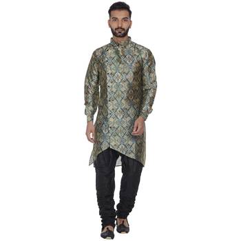 Green Printed Brocade Silk Kurta Pajama 1