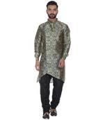 Green Printed Brocade Silk Kurta Pajama