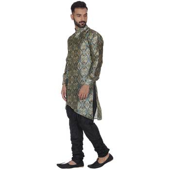 Green Printed Brocade Silk Kurta Pajama 2