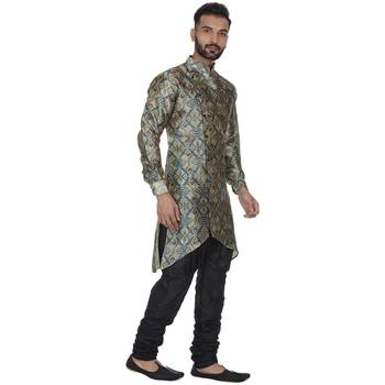 Green Printed Brocade Silk Kurta Pajama 3