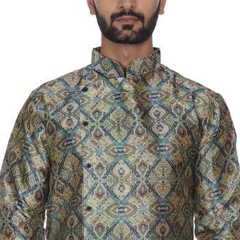 Green Printed Brocade Silk Kurta Pajama 5