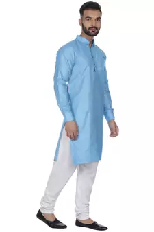 Blue Plain Cotton Kurta Pajama