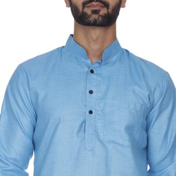Blue Plain Cotton Kurta Pajama 5