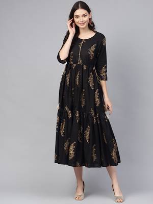 Black printed cotton long-kurtis 1