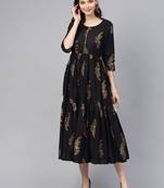 Black printed cotton long-kurtis
