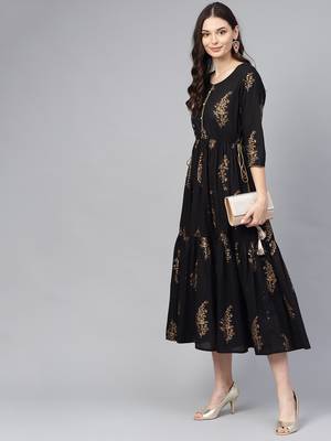 Black printed cotton long-kurtis 3
