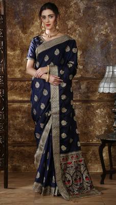 Navy Blue Full Embroidered With Stone Work Silk Saree With Blouse 1