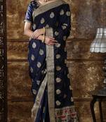 Navy Blue Full Embroidered With Stone Work Silk Saree With Blouse