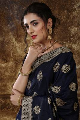 Navy Blue Full Embroidered With Stone Work Silk Saree With Blouse 2