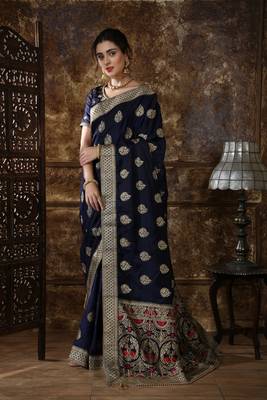 Navy Blue Full Embroidered With Stone Work Silk Saree With Blouse 4