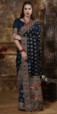 Teal Blue Full Embroidered With Cutdana And Stone Work Silk Saree With Blouse 1