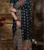 Teal Blue Full Embroidered With Cutdana And Stone Work Silk Saree With Blouse