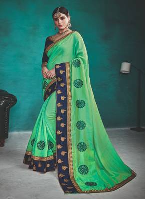 Sea green embroidered silk blend saree with blouse 1