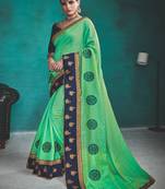 Sea green embroidered silk blend saree with blouse