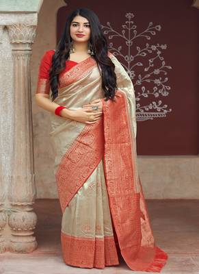 Beige woven banarasi silk saree with blouse 1
