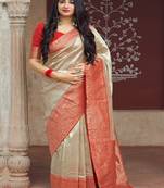 Beige woven banarasi silk saree with blouse