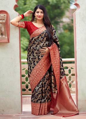 Black woven banarasi silk saree with blouse 1