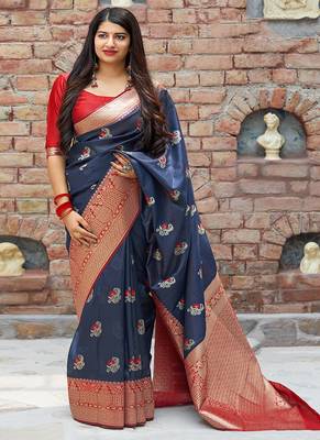 Navy blue woven banarasi silk saree with blouse 1
