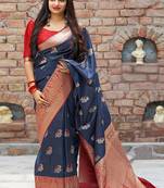 Navy blue woven banarasi silk saree with blouse