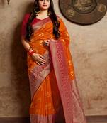 Orange woven banarasi silk saree with blouse