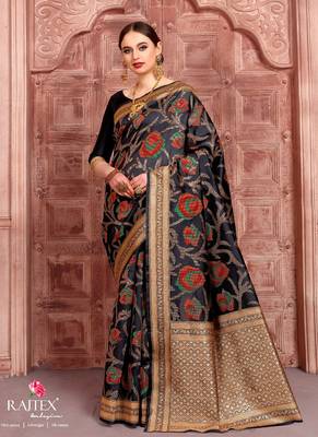 Black woven silk blend saree with blouse 1