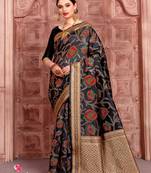 Black woven silk blend saree with blouse