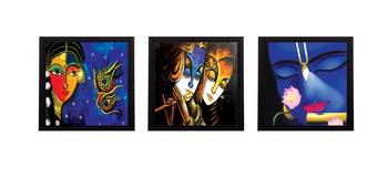 Set Of 3 Lord Krishna and Radha Satin Matt Texture UV Art Painting 1