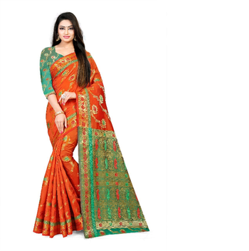 Yellow woven silk saree with blouse 4
