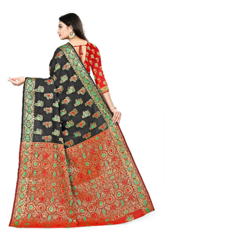 Black woven silk saree with blouse 3
