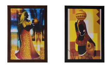 Set of 2 Village Lady Satin Matt Texture UV Art Painting 1