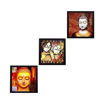 Set Of 3 Radha Krishna and Buddha Satin Matt Texture UV Art Painting 1