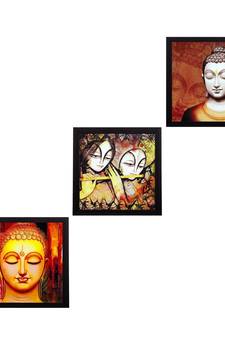 Set Of 3 Radha Krishna and Buddha Satin Matt Texture UV Art Painting