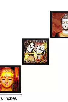 Set Of 3 Radha Krishna and Buddha Satin Matt Texture UV Art Painting