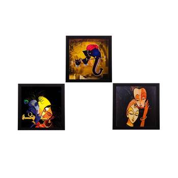 Set Of 3 Radha Krishna and Ganesha Satin Matt Texture UV Art Painting 1