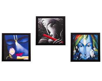 Set Of 3 Krishna Satin Matt Texture UV Art Painting 1