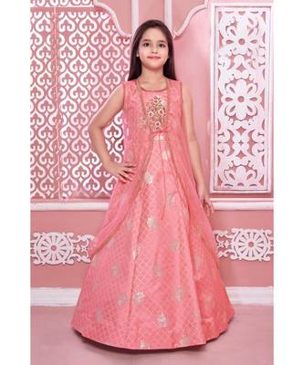 pink embroidered polyester stitched kids girl gowns 1