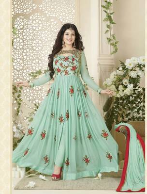 Green Embroidered Georgette semi stitched salwar with dupatta 1