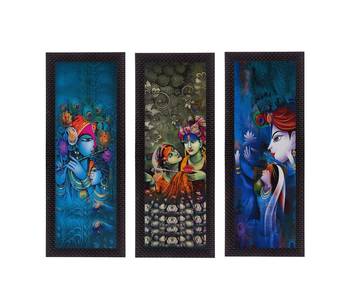 Set Of 3 Lord Krishna and Lordess Radha Satin Matt Texture UV Art Painting 1