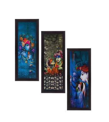Set Of 3 Lord Krishna and Lordess Radha Satin Matt Texture UV Art Painting 1