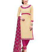 Woman Beige Cotton Blend Embroidery Unstitched Salwar Kameez Dress Material