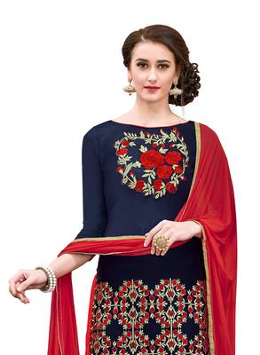 Woman Blue Cotton Blend Embroidery Unstitched Salwar Kameez Dress Material 2