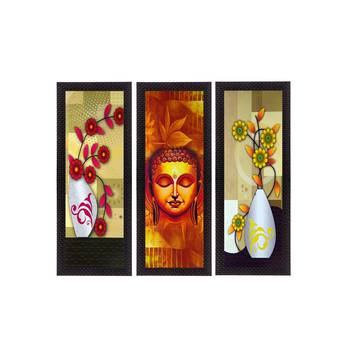 Set Of 3 Lord Buddha and Botanical Floral Satin Matt Texture UV Art Painting 1