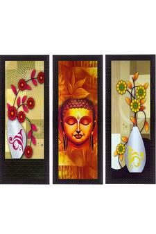 Set Of 3 Lord Buddha and Botanical Floral Satin Matt Texture UV Art Painting