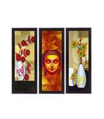 Set Of 3 Lord Buddha and Botanical Floral Satin Matt Texture UV Art Painting