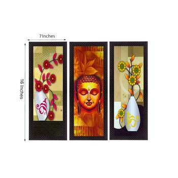 Set Of 3 Lord Buddha and Botanical Floral Satin Matt Texture UV Art Painting 3